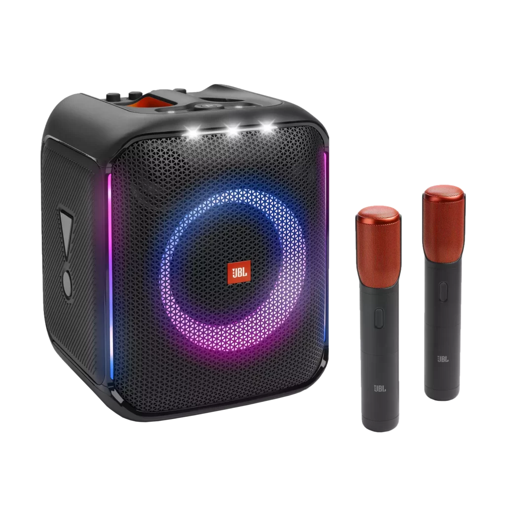 parte frontal caixa de som jbl com bluetooth JBL Partybox Encore com dois microfones sem fio e tecnologia jbl original pro sound 