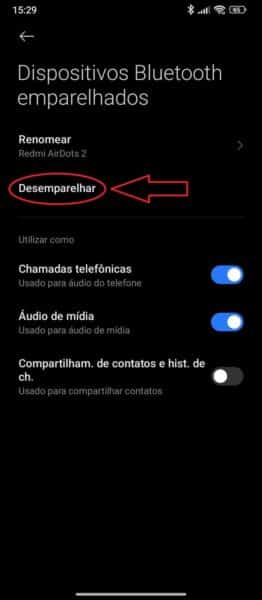 opcao para desemparelhar a caixa de som bluetooth