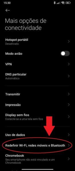 redefinir redes bluetooth wifi e dados moveis