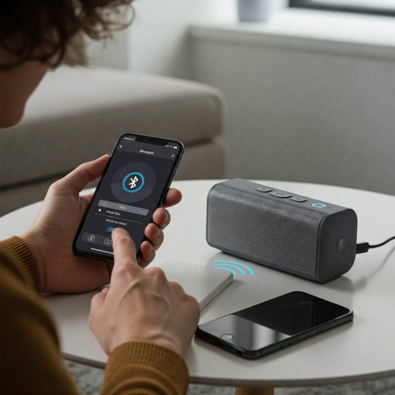 1 celular na mão mexendo nas configurações de Bluetooth, uma caixa de som bluetooth e outro celular ao lado da caixa de som bluetooth.