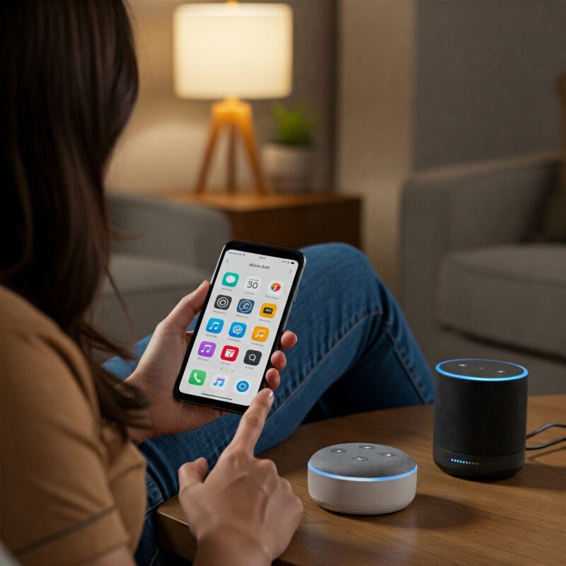 pessoa com o celular aberto no app Alexa