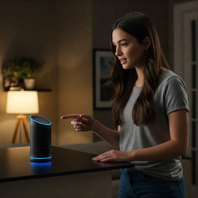 pessoa falando com dispositivo que aceita alexa