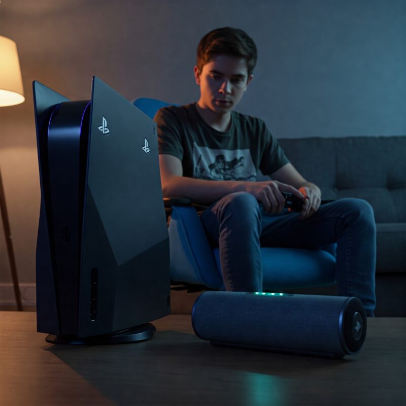 pessoa fazendo conexao com playstation e uma caixa de som bluetooth