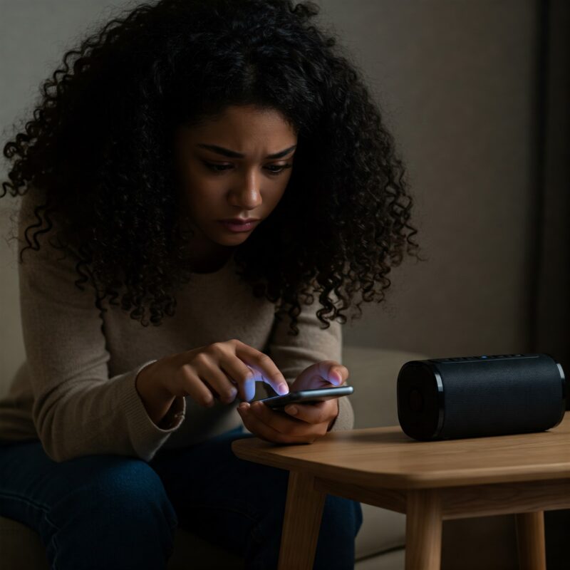 pessoa triste mexendo nas configurações Bluetooth do celular próximo de uma caixa de som Bluetooth