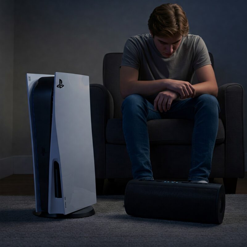 pessoa triste próxima de um PlayStation e uma caixa de som Bluetooth