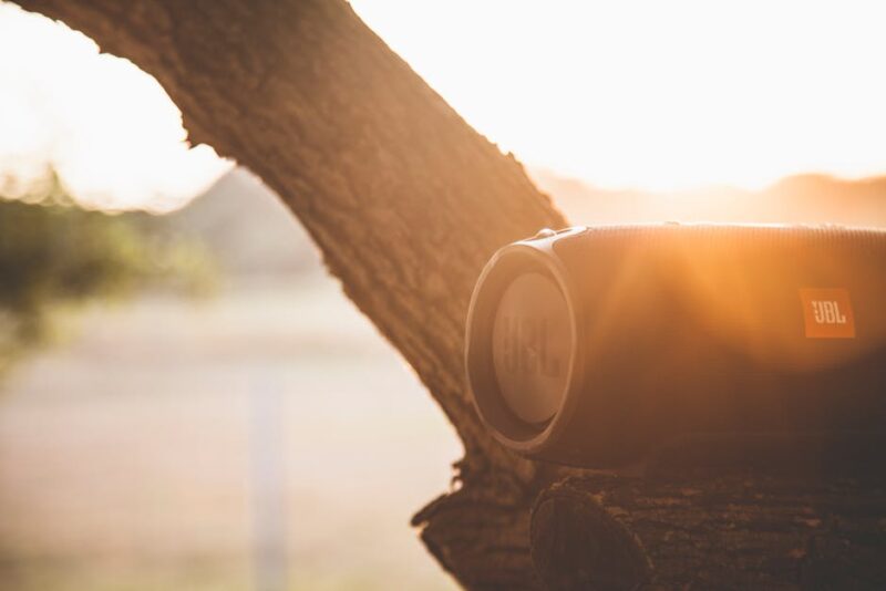 Close-up of a portable Bluetooth speaker on a tree with sun glare, creating a vibrant and warm atmosphere.