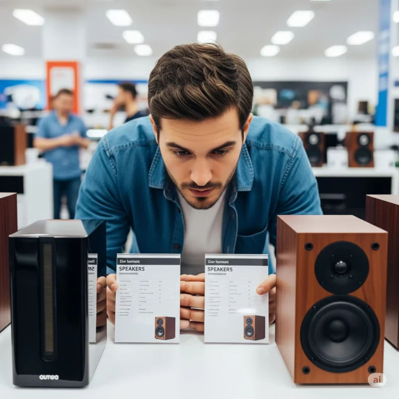 cliente comparando as potencias das caixas de som antes de comprar
